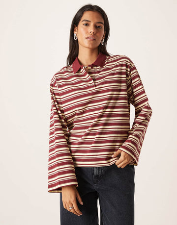 AWARE long sleeve polo top yellow burgundy stripe