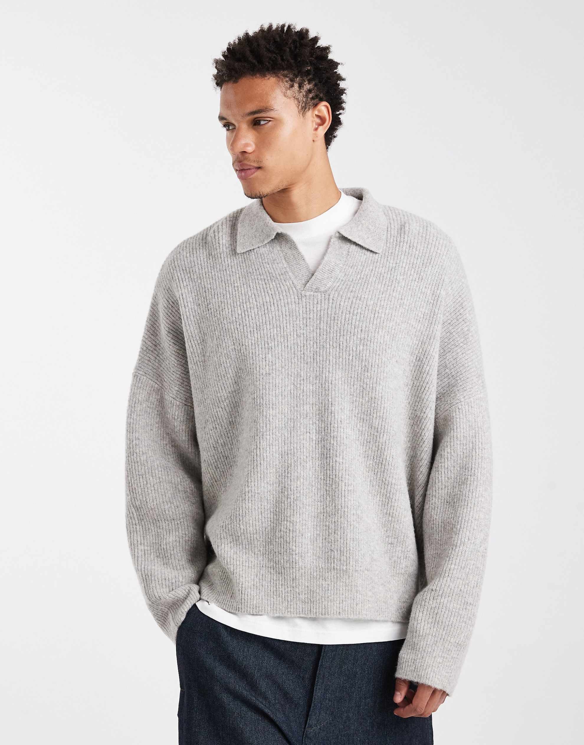 DESIGN super oversized boxy fit knitted fisherman rib notch neck jumper light grey