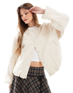 DESIGN textured cotton collarless bomber jacket ecru