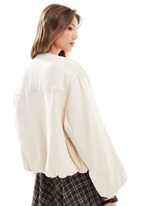 DESIGN textured cotton collarless bomber jacket ecru