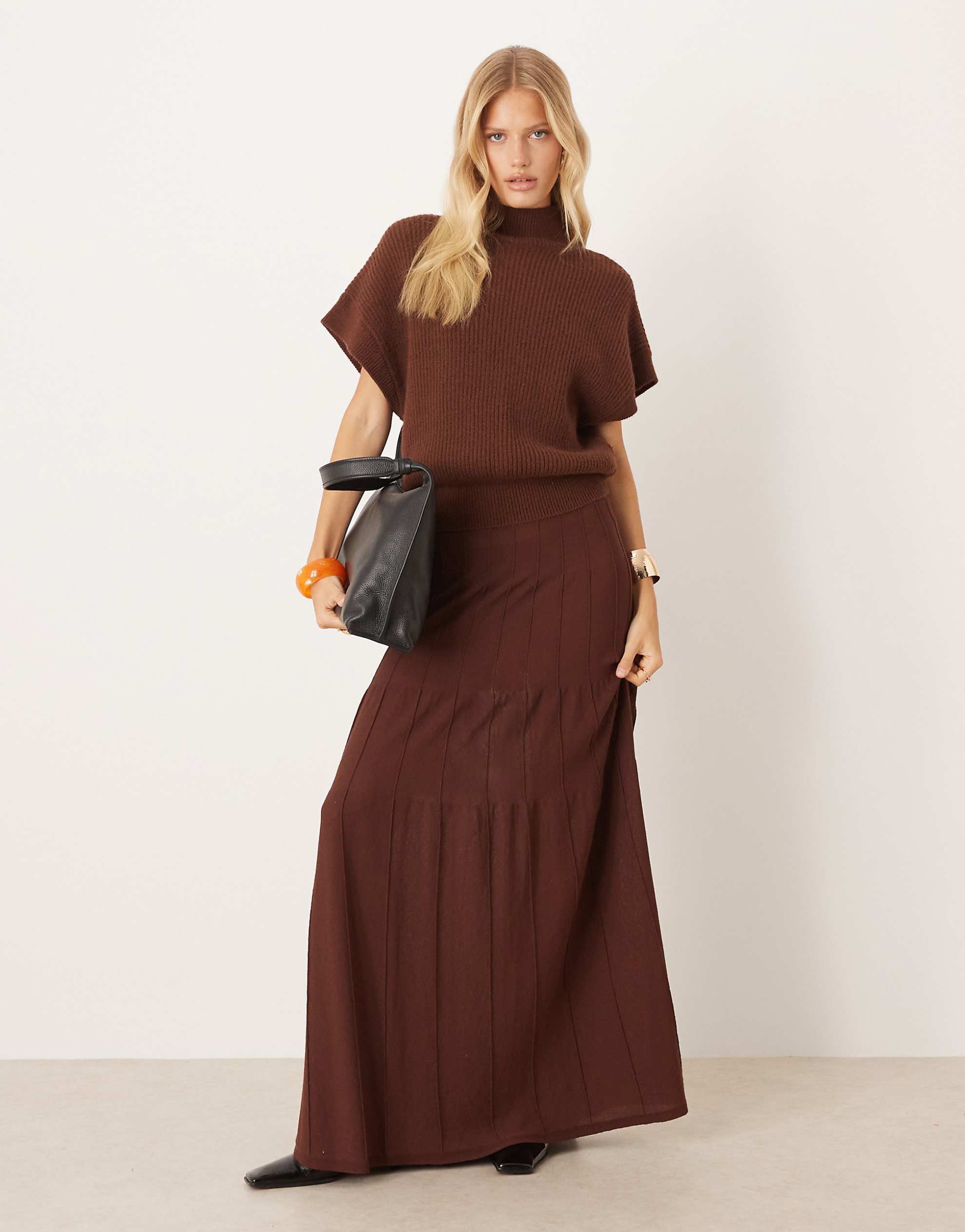 Mango high neck short sleeve knitted co-ord top & skirt brown