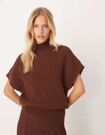 Mango high neck short sleeve knitted co-ord top & skirt brown