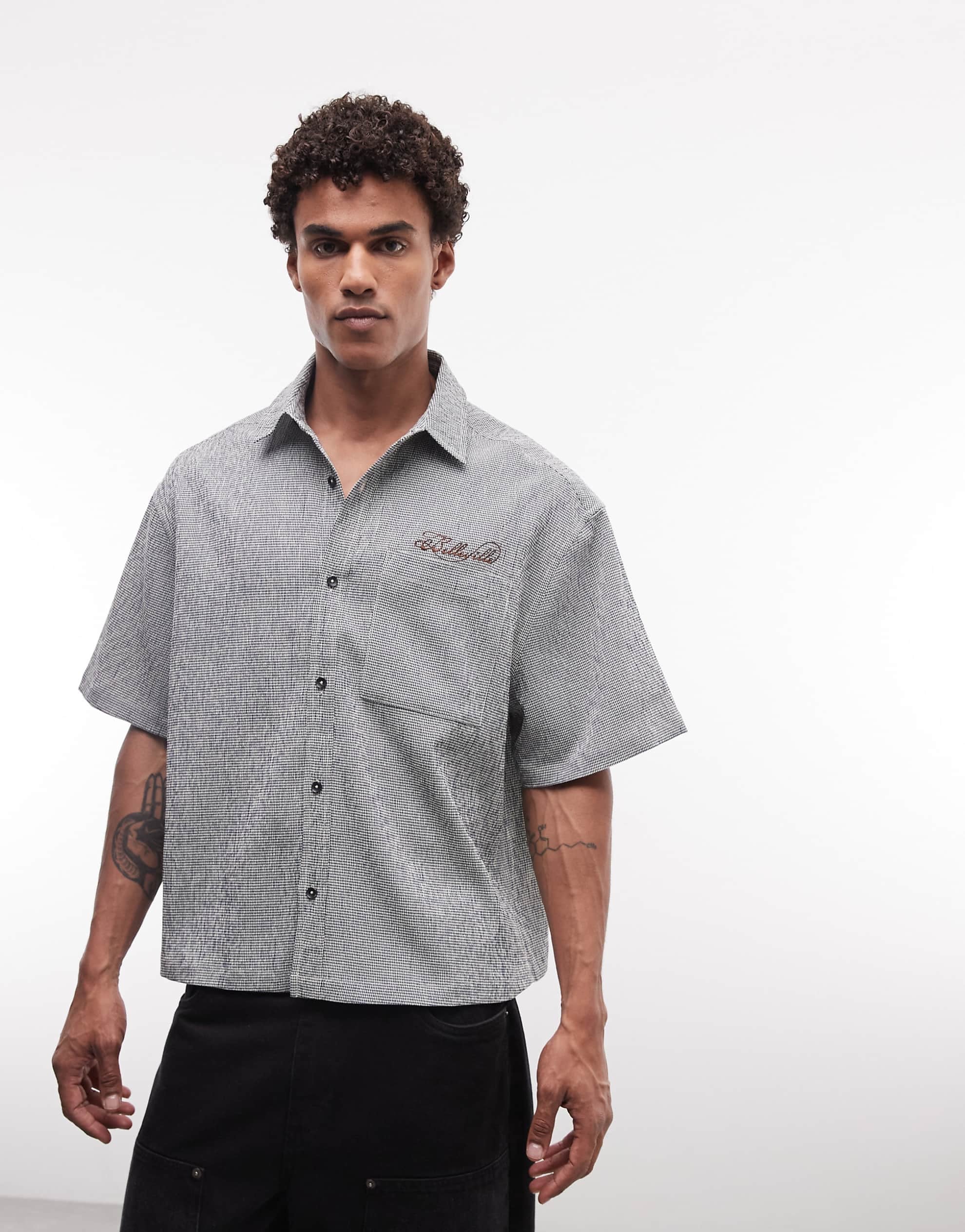DESIGN boxy oversized mirco check shirt black