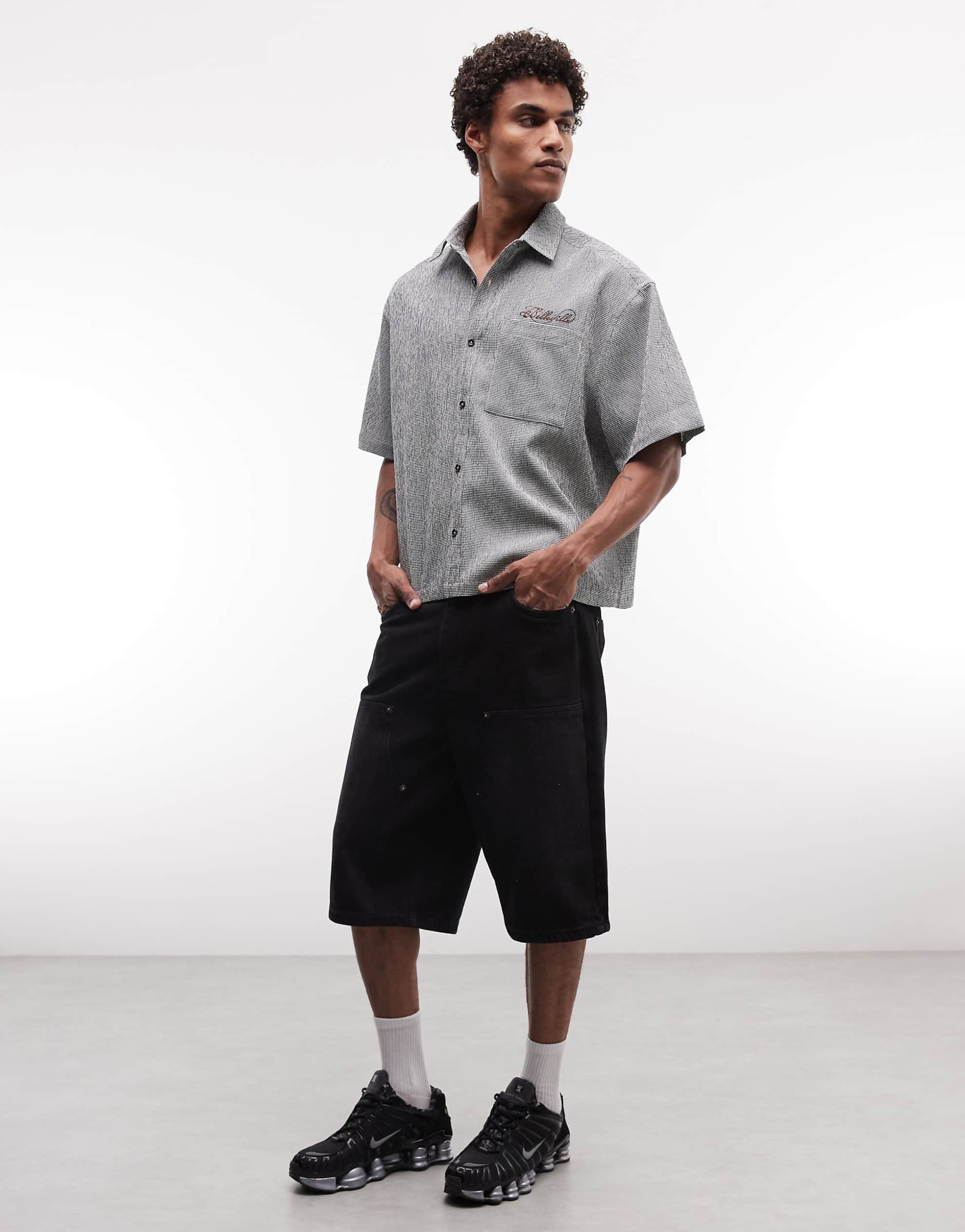 DESIGN boxy oversized mirco check shirt black
