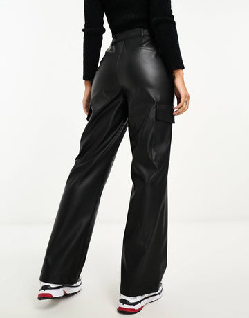 New Look faux leather cargo trousers black