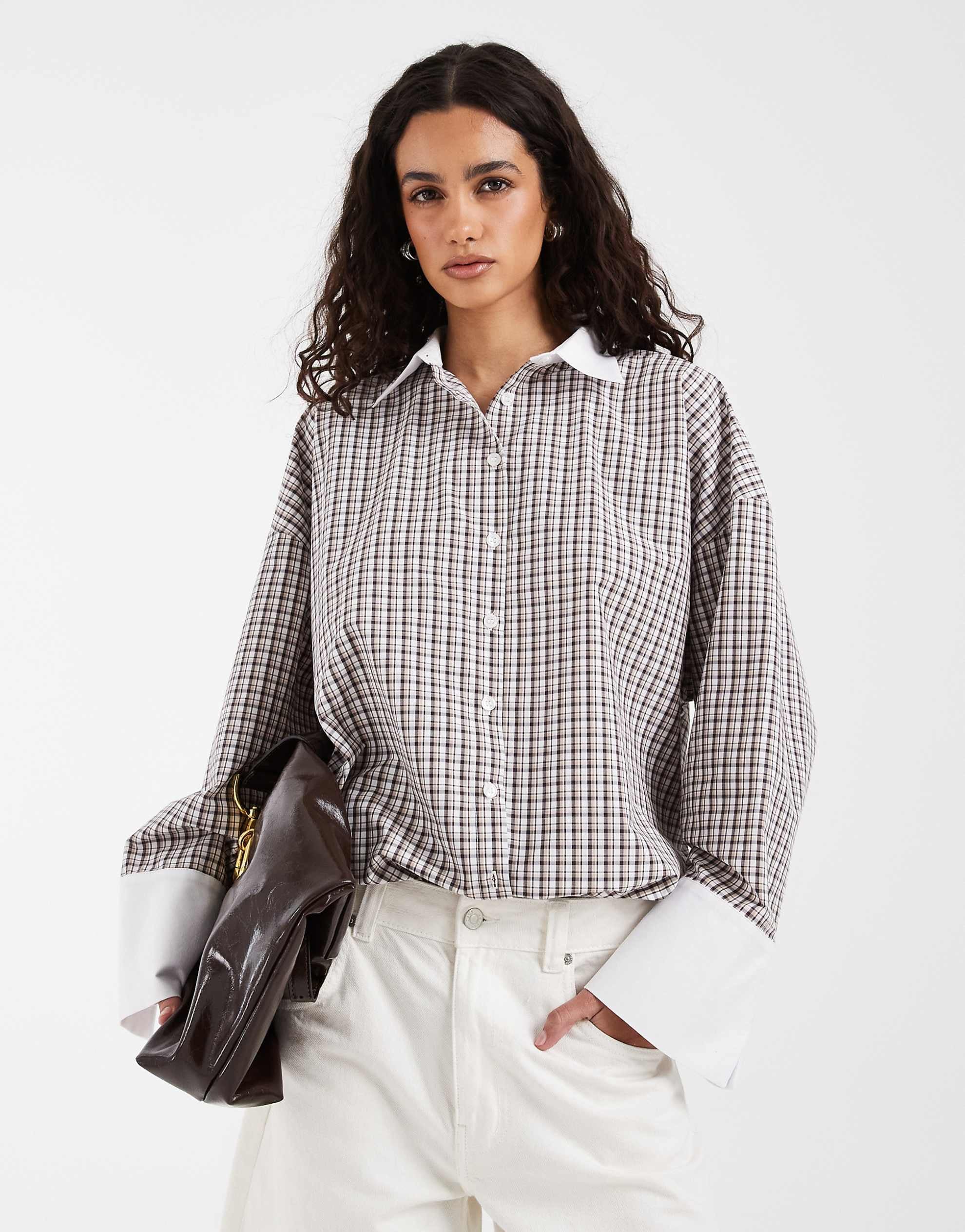 DESIGN oversized contrast cuff shirt check co ord