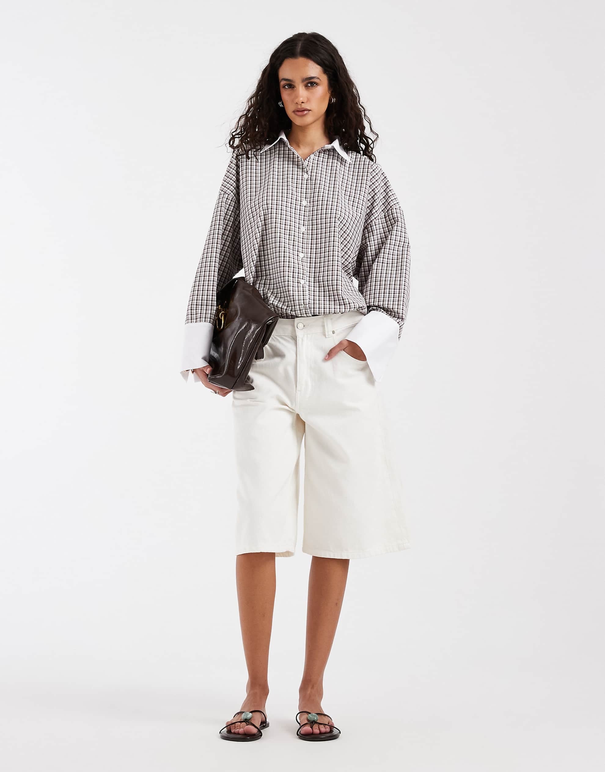 DESIGN oversized contrast cuff shirt check co ord