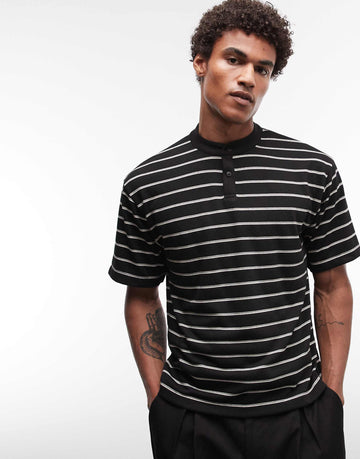 DESIGN relaxed t-shirt henley neck black striped