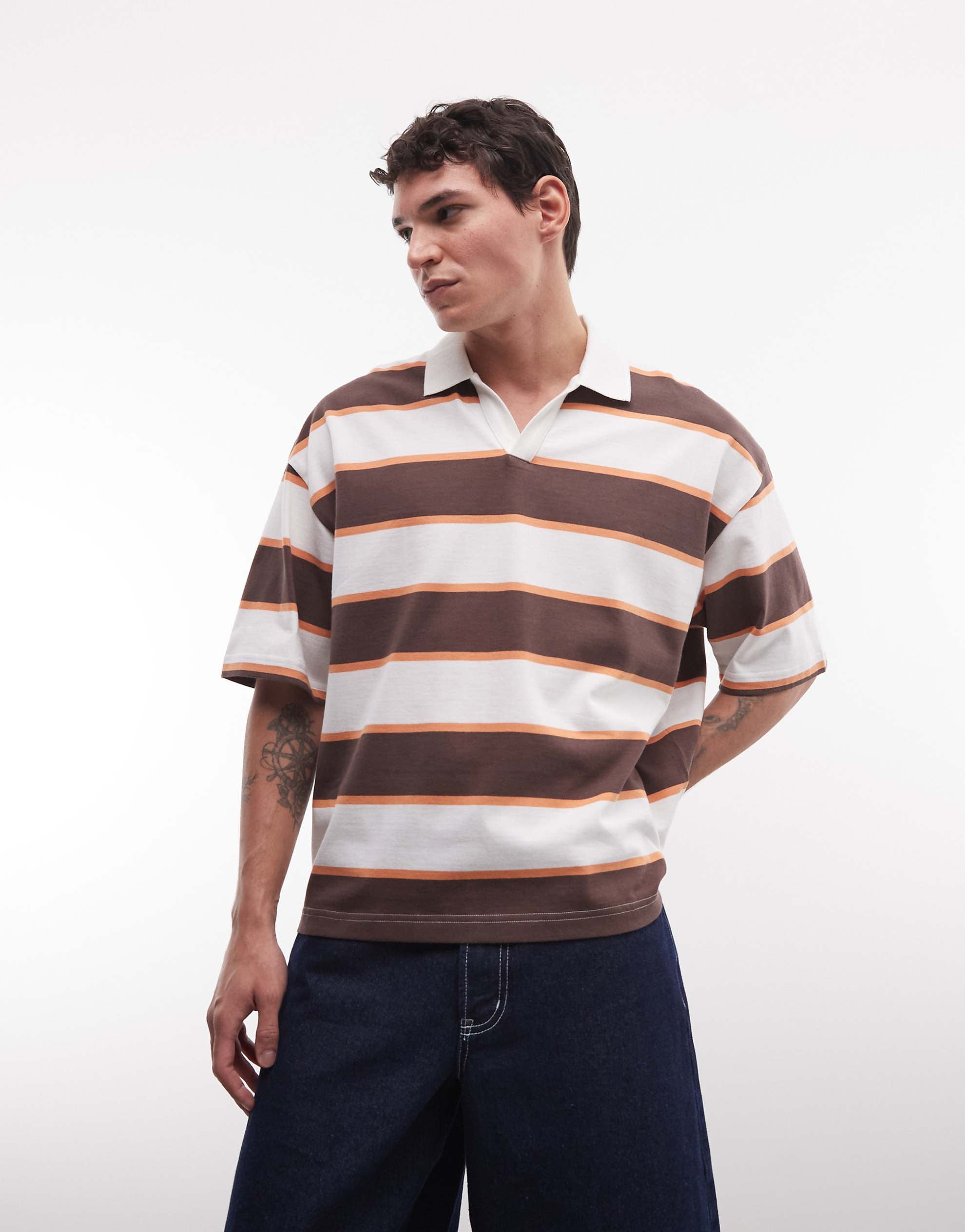 DESIGN heavyweight boxy oversized polo brown stripe
