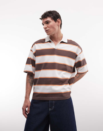 DESIGN heavyweight boxy oversized polo brown stripe