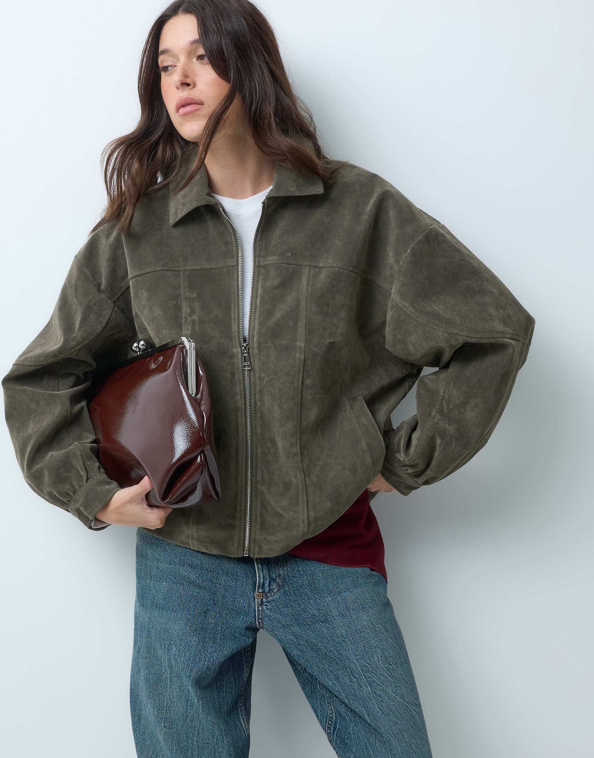Kaiia exclusive faux suede zip through bomber jacket olive