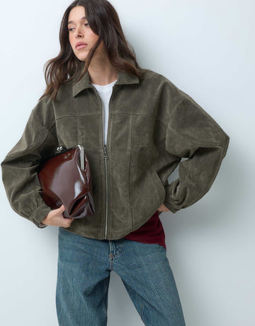 Kaiia exclusive faux suede zip through bomber jacket olive