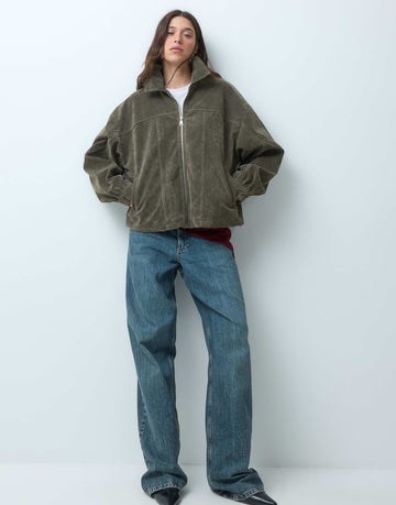 Kaiia exclusive faux suede zip through bomber jacket olive