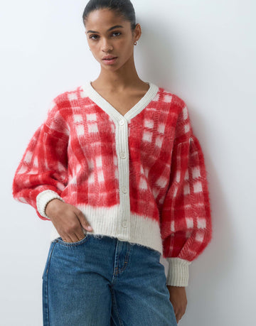 DESIGN v neck knitted cardigan balloon sleeves red check