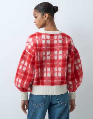 DESIGN v neck knitted cardigan balloon sleeves red check