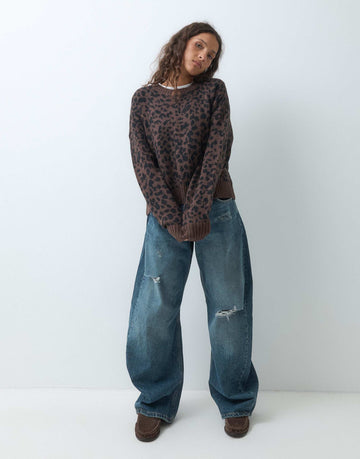 Hollister knitted crew neck jumper brown leopard