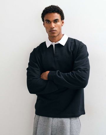 DESIGN relaxed long sleeve rugby polo contrast collar black
