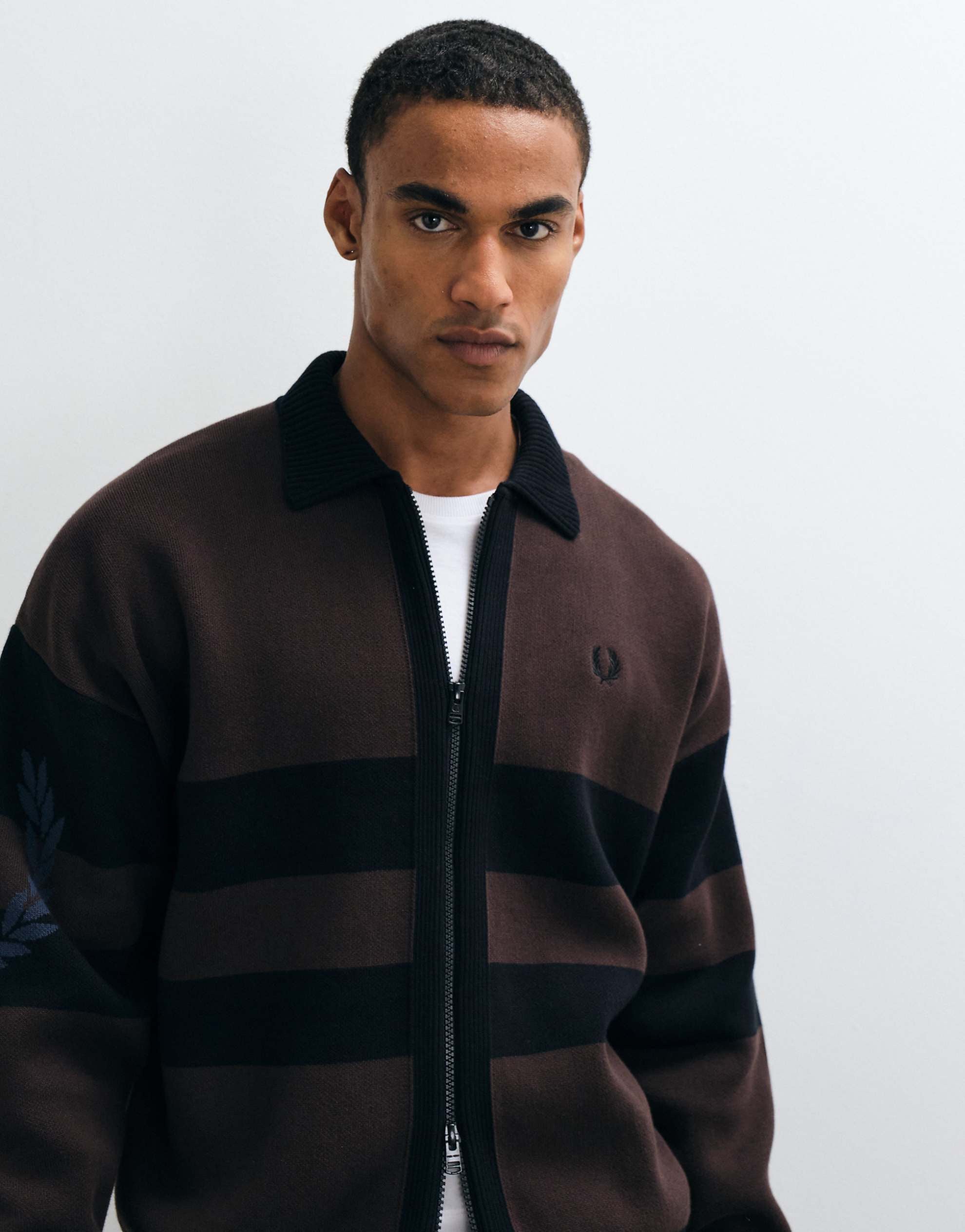 Fred Perry stripe graphic zip cardigan dark brown