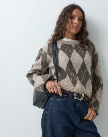 ONLY long sleeve argyle knit jumper beige