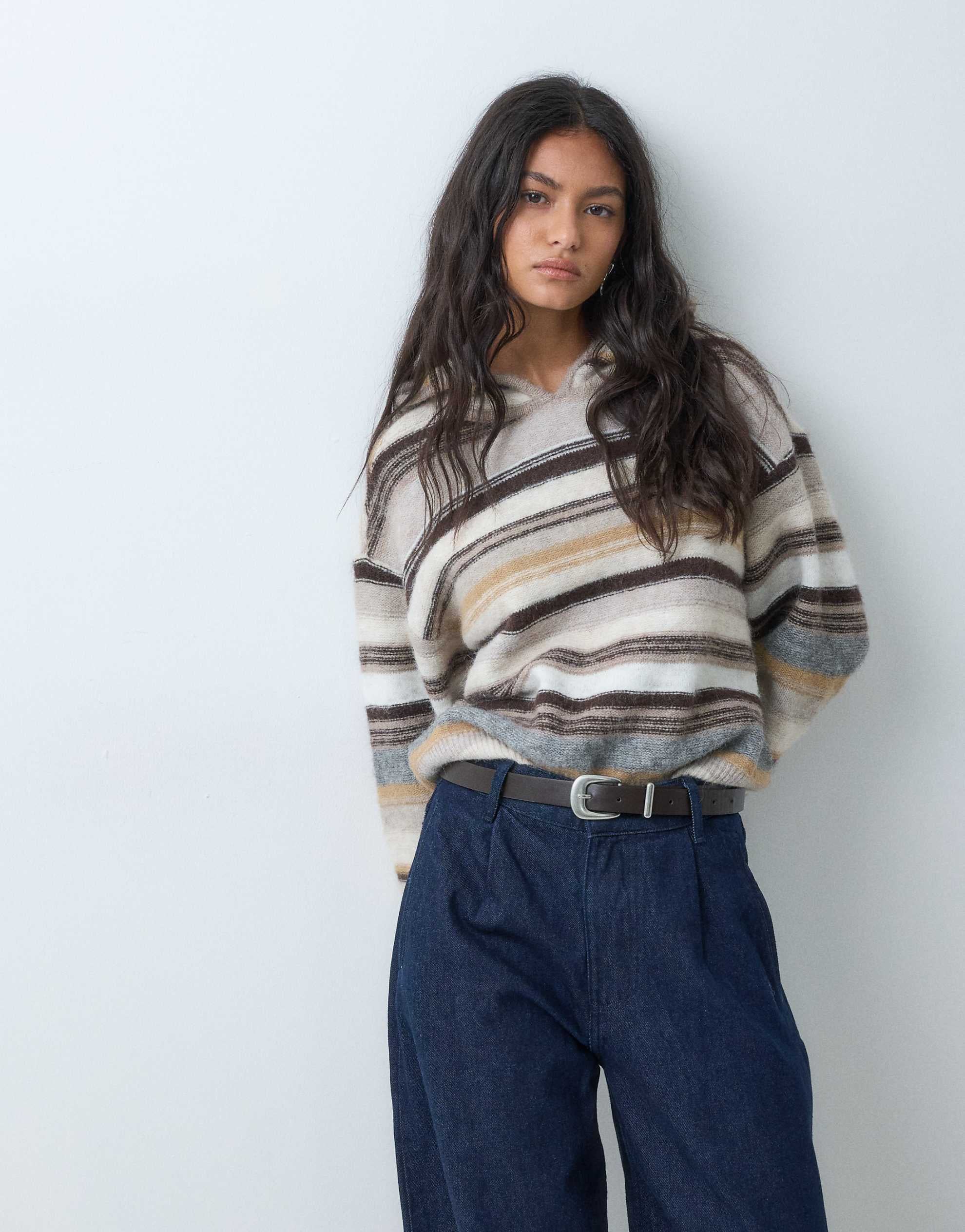Abercrombie & Fitch soft knitted lounge hoodie cream brown stripe