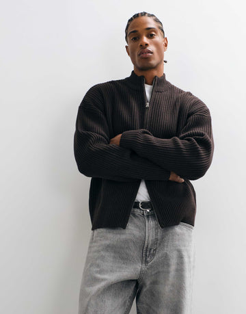 ONLY & SONS zip through high neck cardigan brown