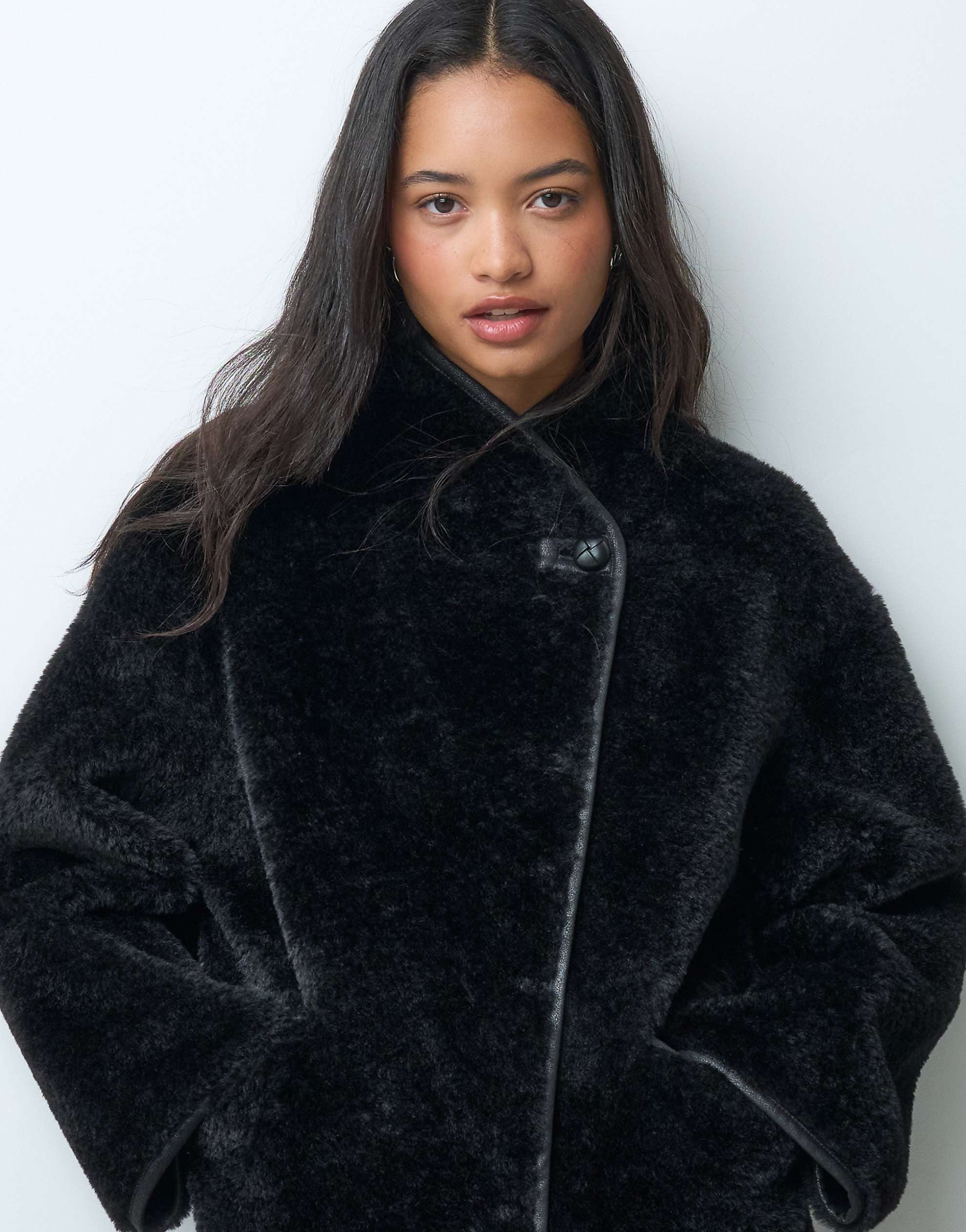ARKET oversized faux shearling jacket funnel neck contrast edging black