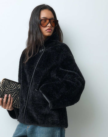 ARKET oversized faux shearling jacket funnel neck contrast edging black