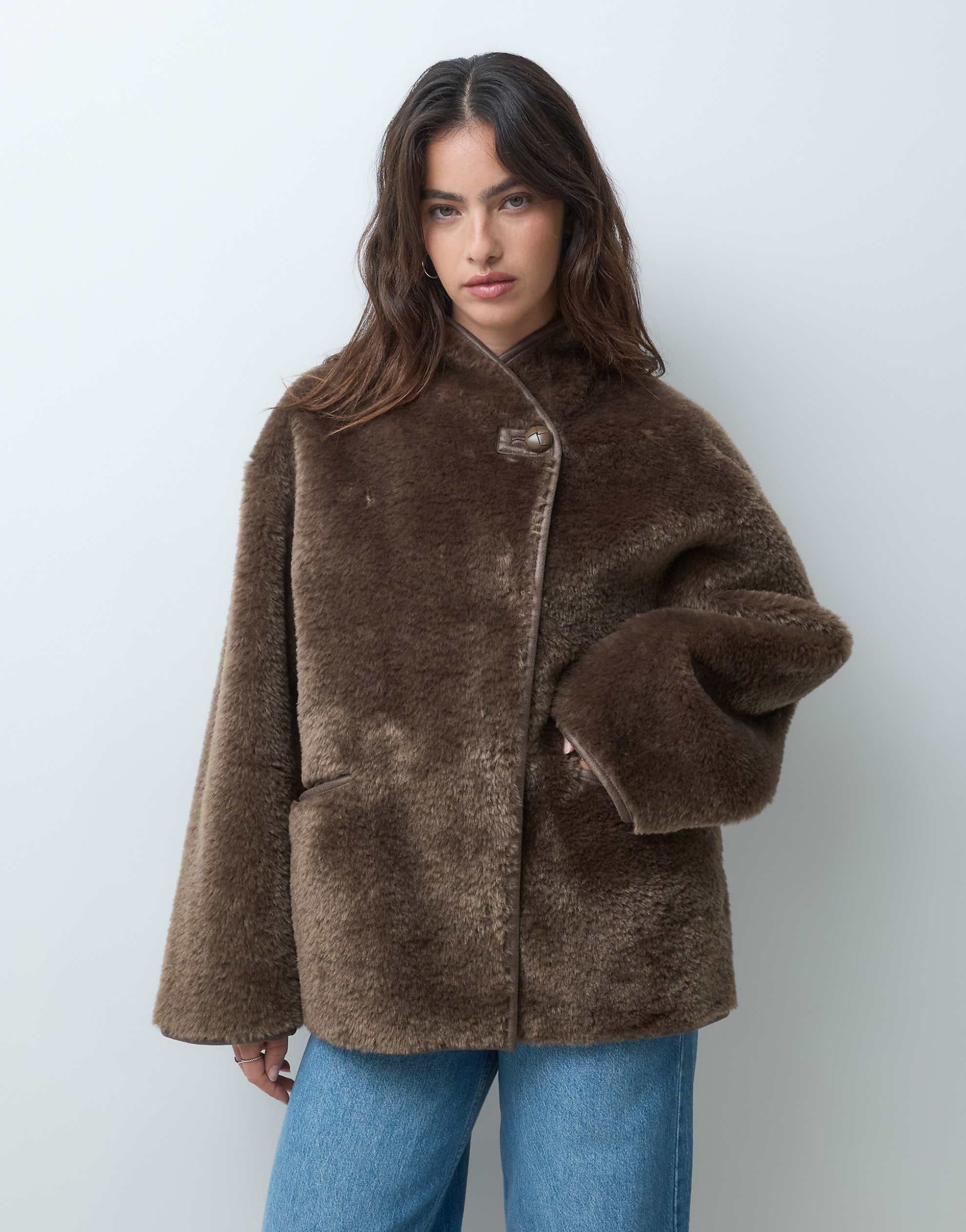ARKET high neck fur coat mole brown