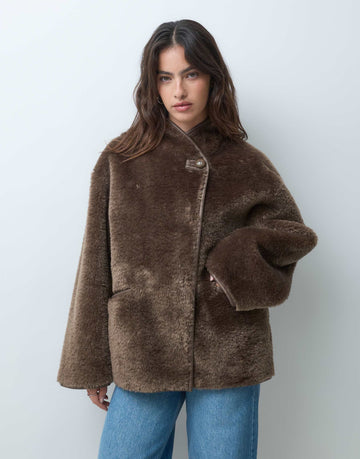 ARKET high neck fur coat mole brown