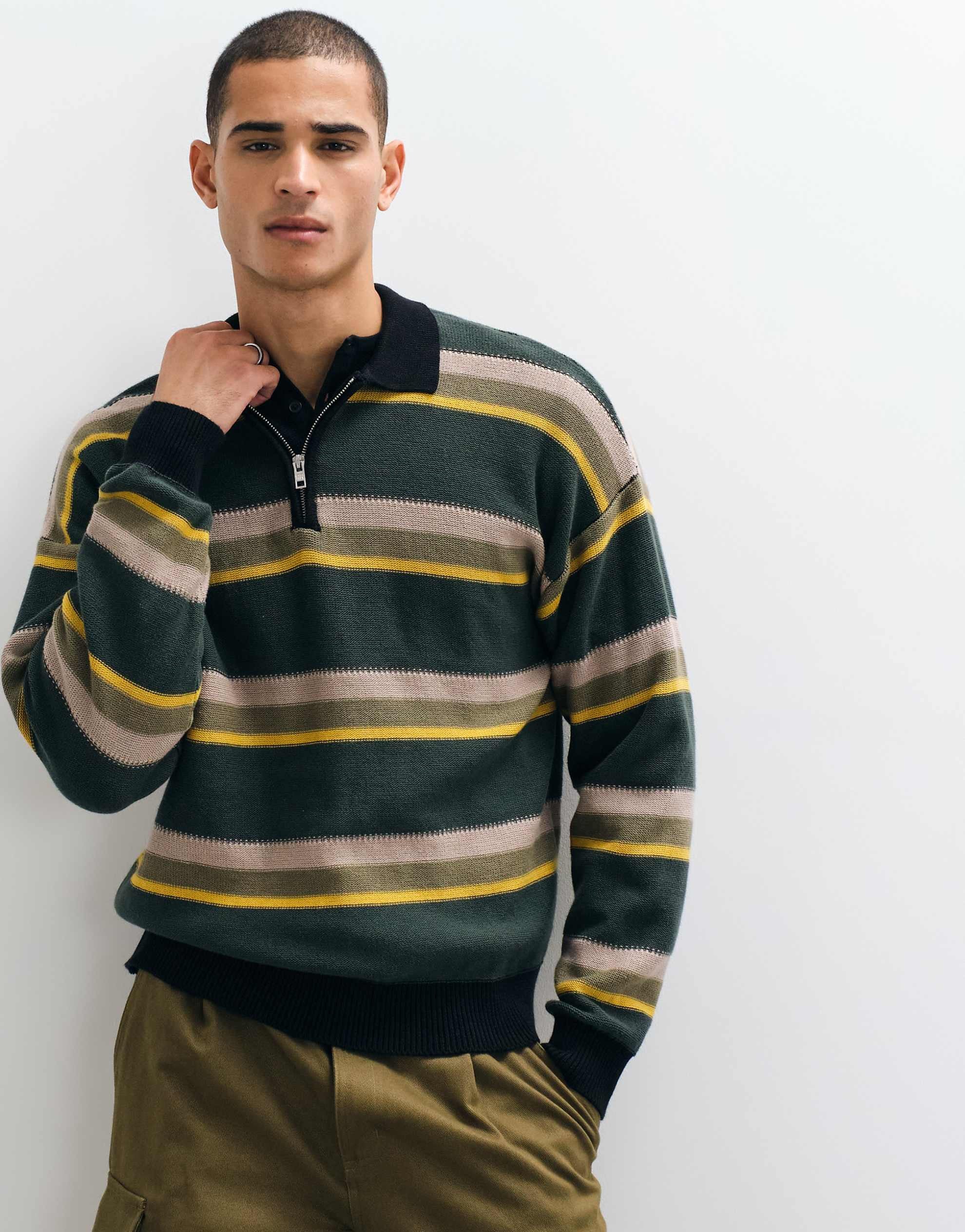 Redefined Rebel kelce stripe knit polo shirt beige