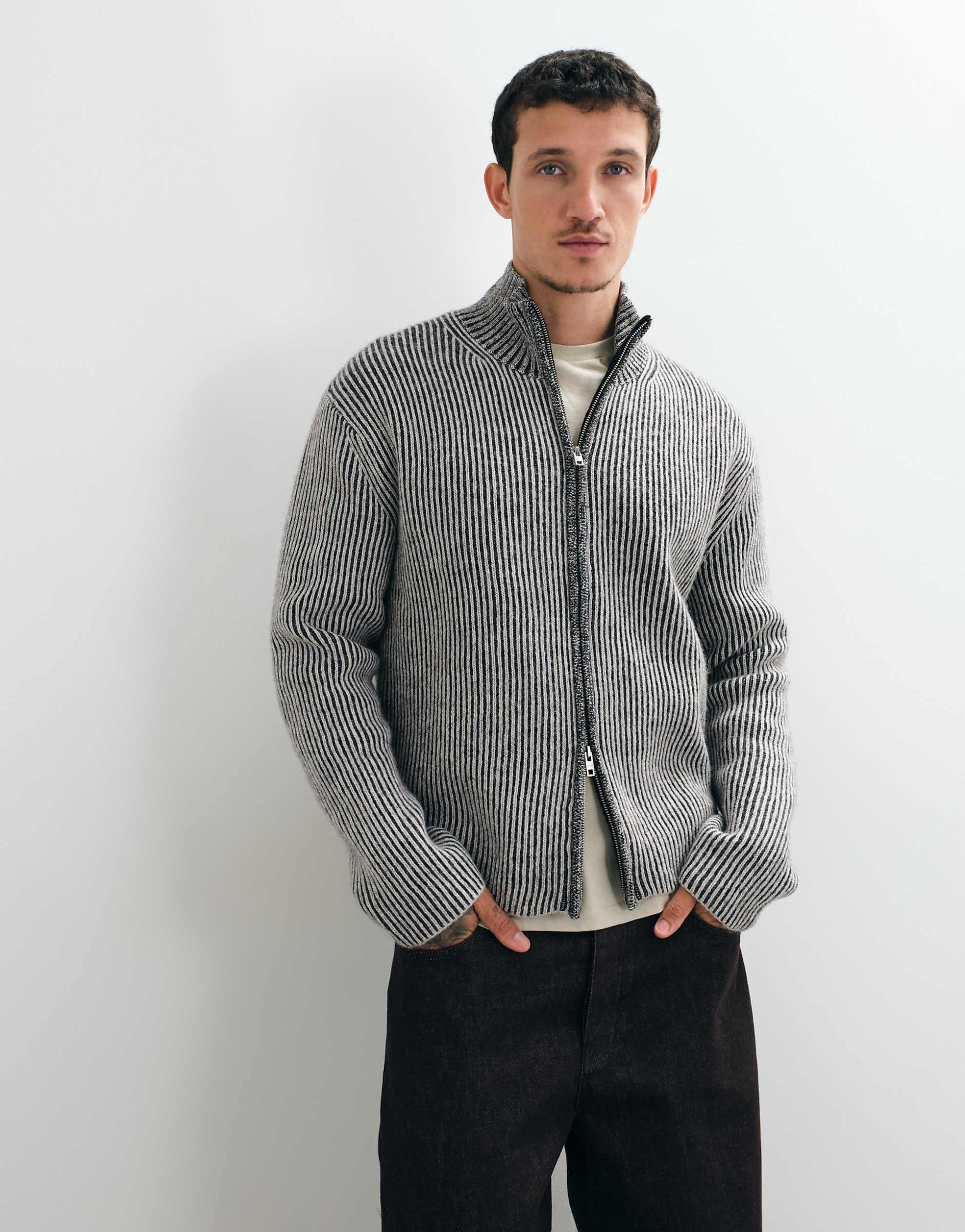 Weekday wool blend zip cardigan white black 2-tone rib