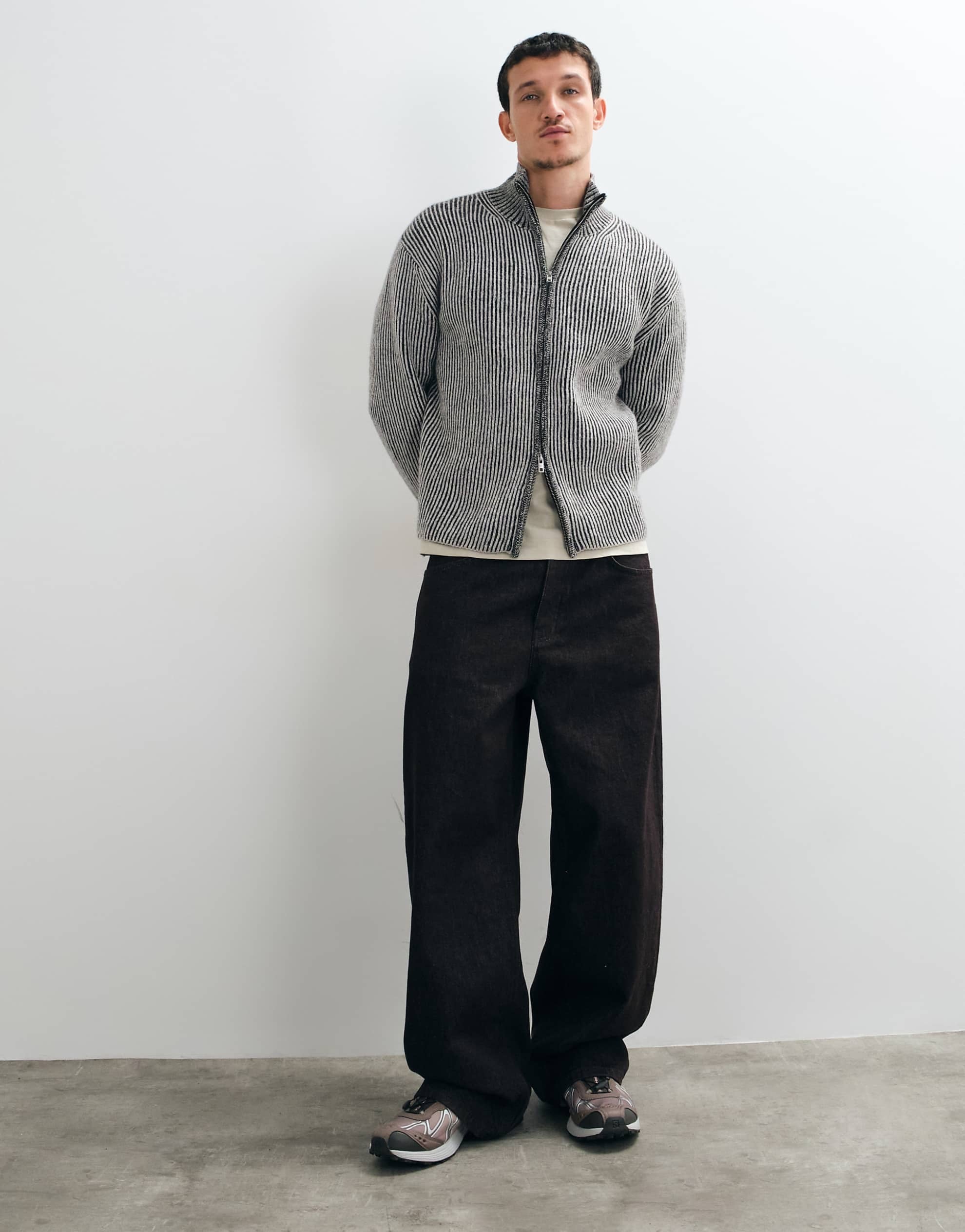 Weekday wool blend zip cardigan white black 2-tone rib