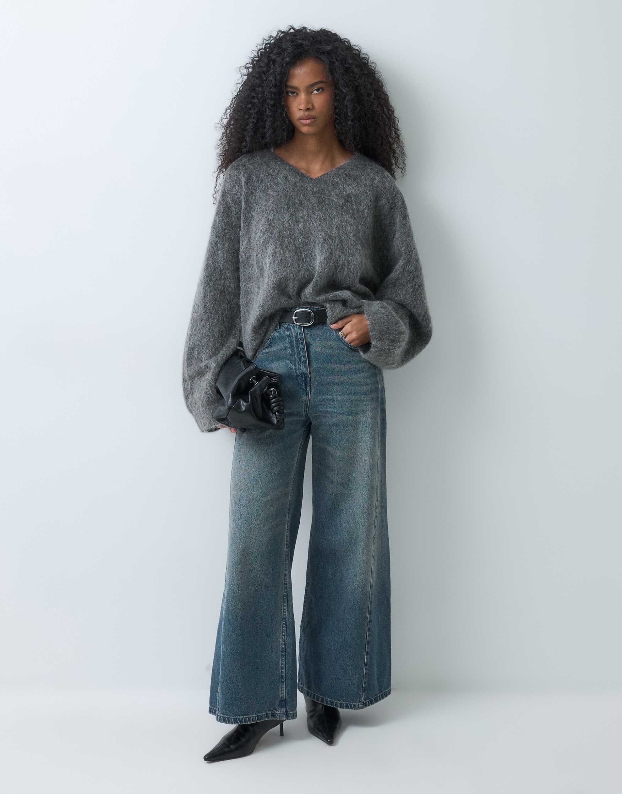 Weekday premium wool mohair blend v neck jumper dark grey melange