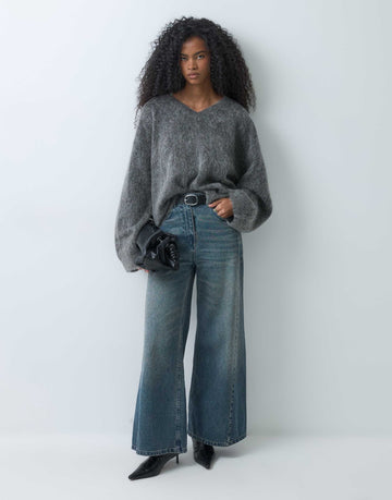 Weekday premium wool mohair blend v neck jumper dark grey melange