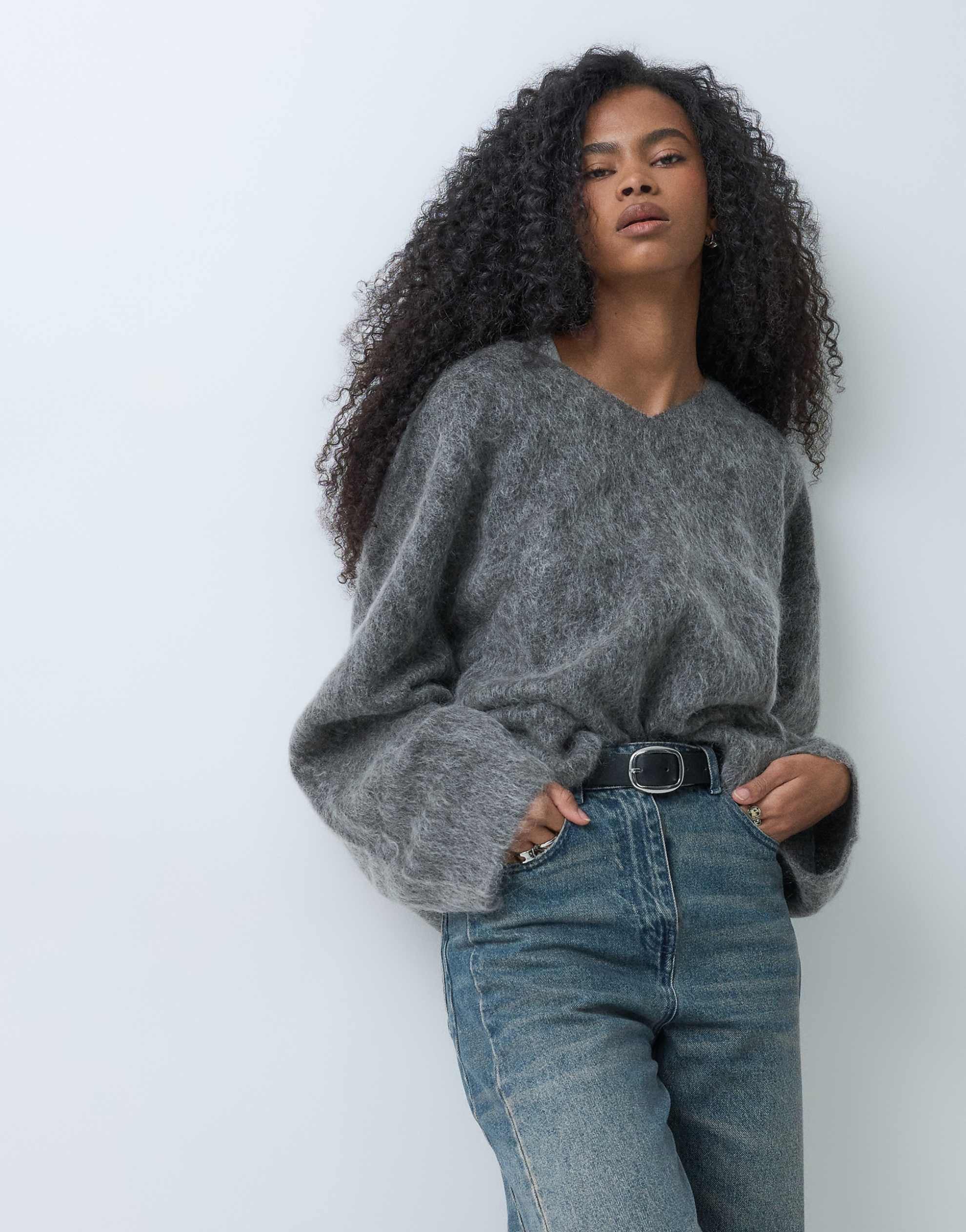 Weekday premium wool mohair blend v neck jumper dark grey melange