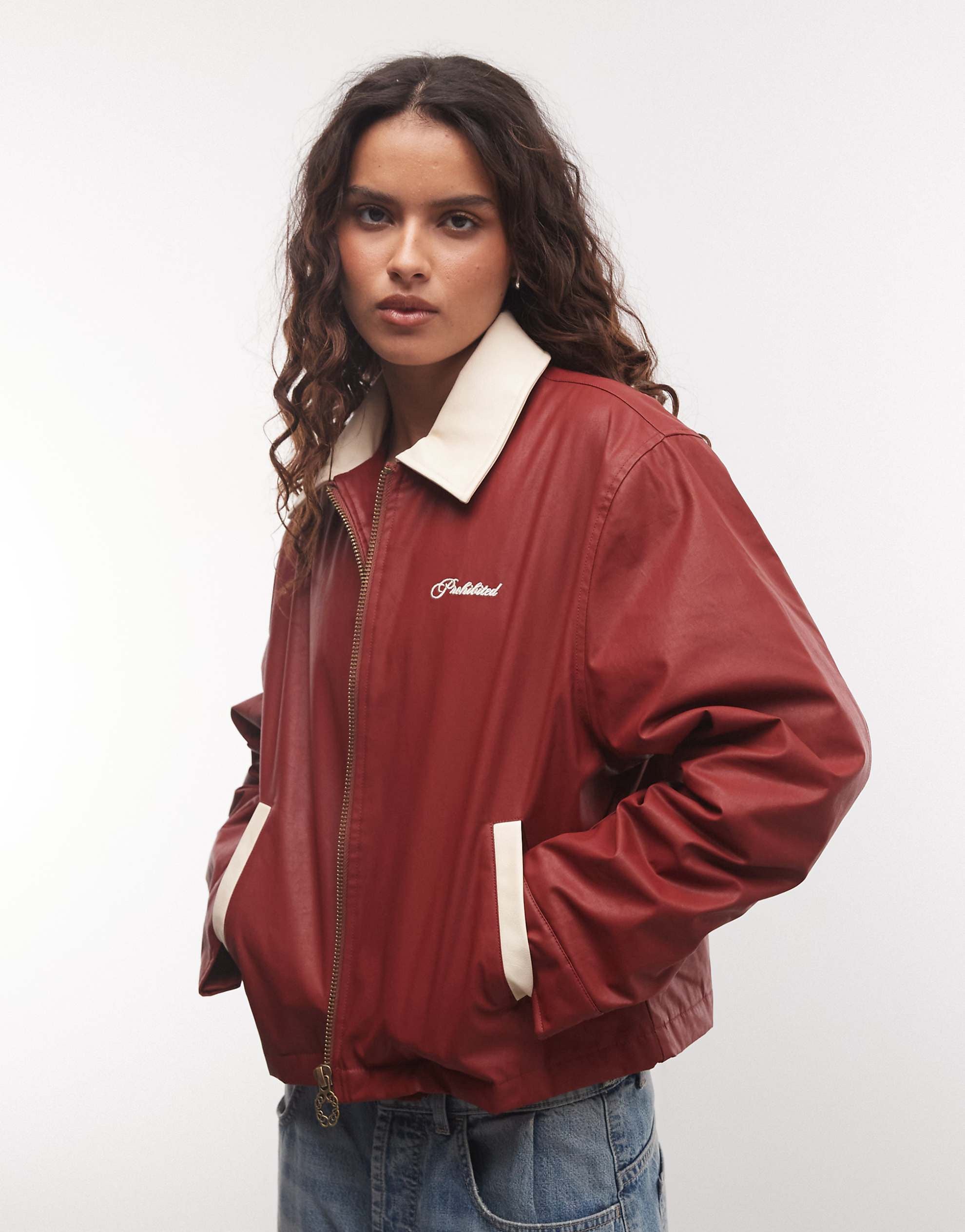 Prohibited patine waxed contrast collar Harrington jacket rusty red