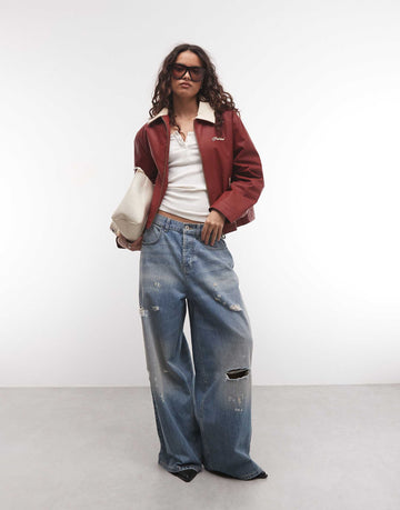 Prohibited patine waxed contrast collar Harrington jacket rusty red