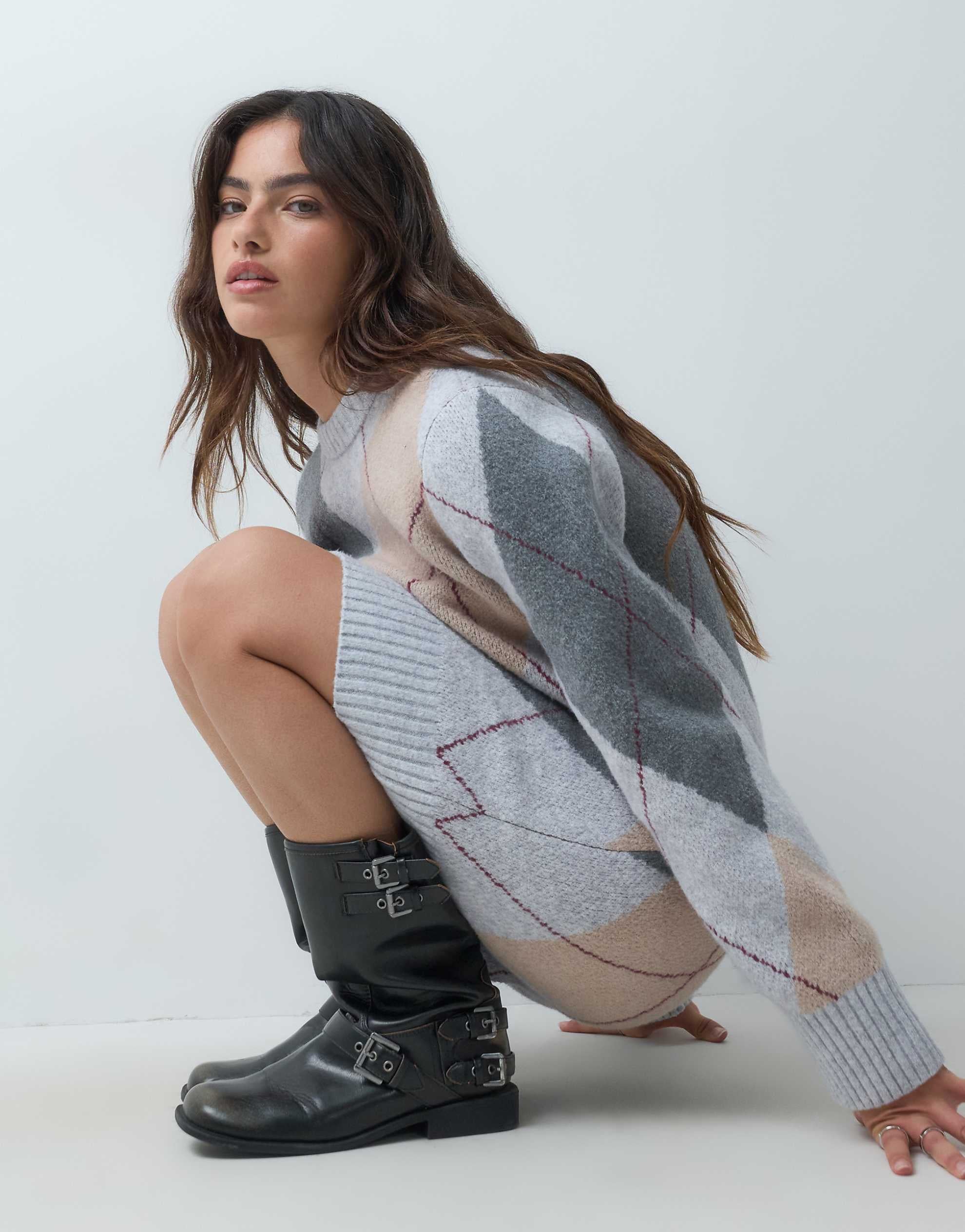 Abercrombie & Fitch knitted jumper dress cream argyle