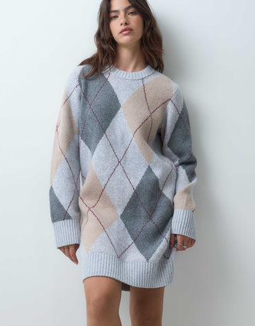 Abercrombie & Fitch knitted jumper dress cream argyle