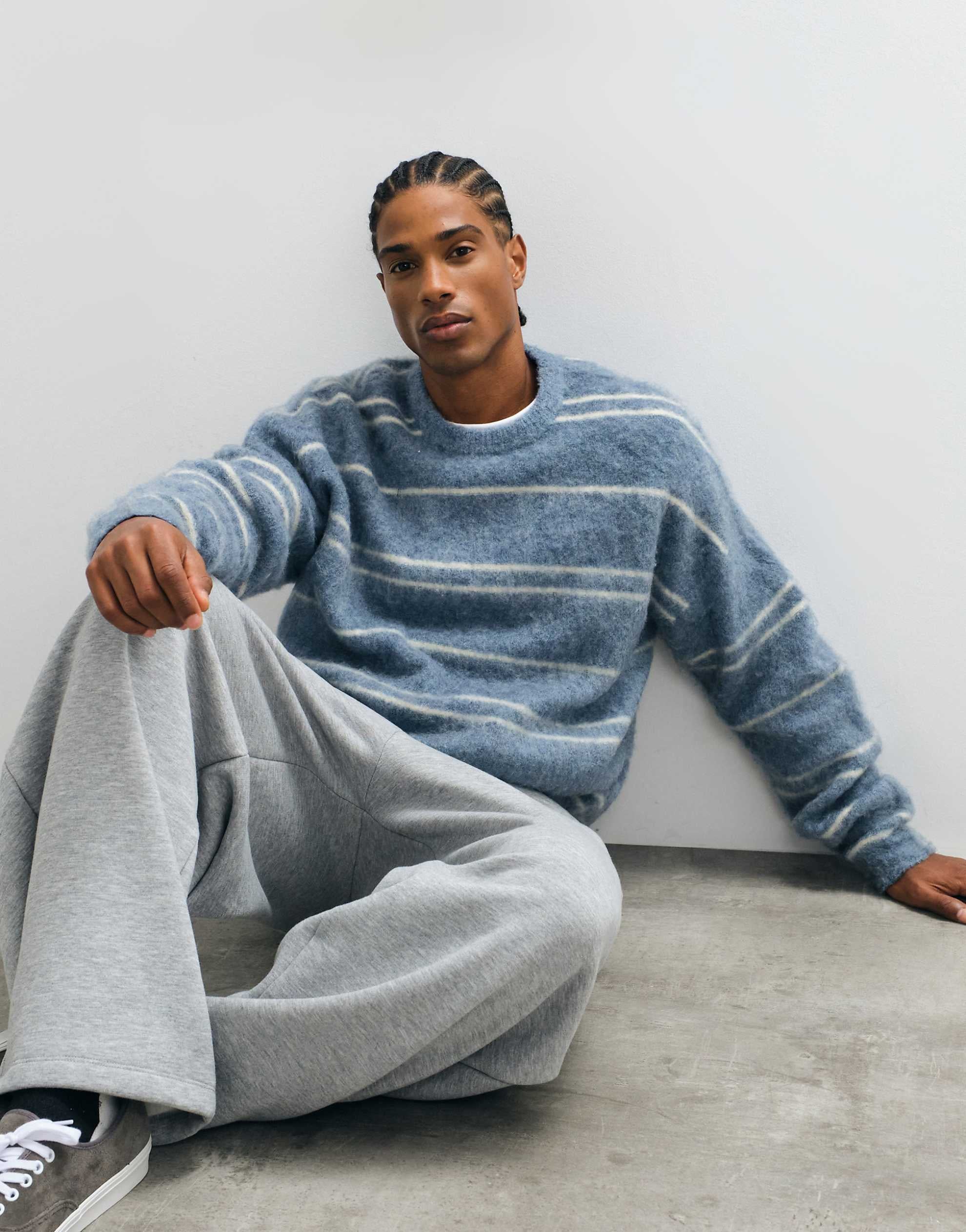DESIGN oversized knitted brushed stripe jumper blue