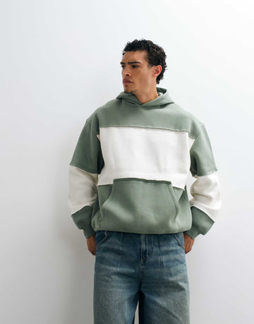 DESIGN oversized panelled hoodie raw edge khaki