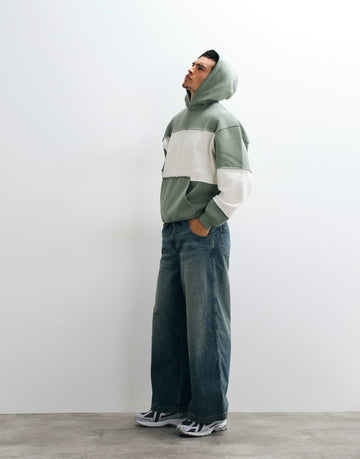 DESIGN oversized panelled hoodie raw edge khaki