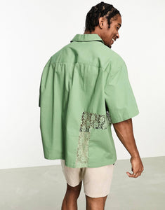 DESIGN boxy oversized shirt lace inserts green