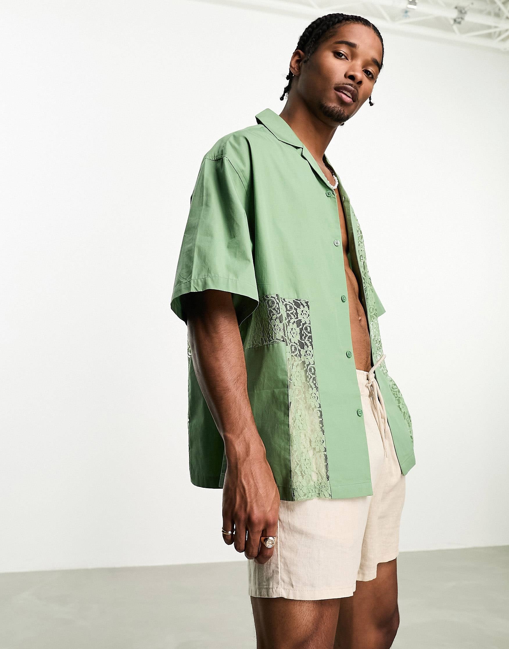 DESIGN boxy oversized shirt lace inserts green