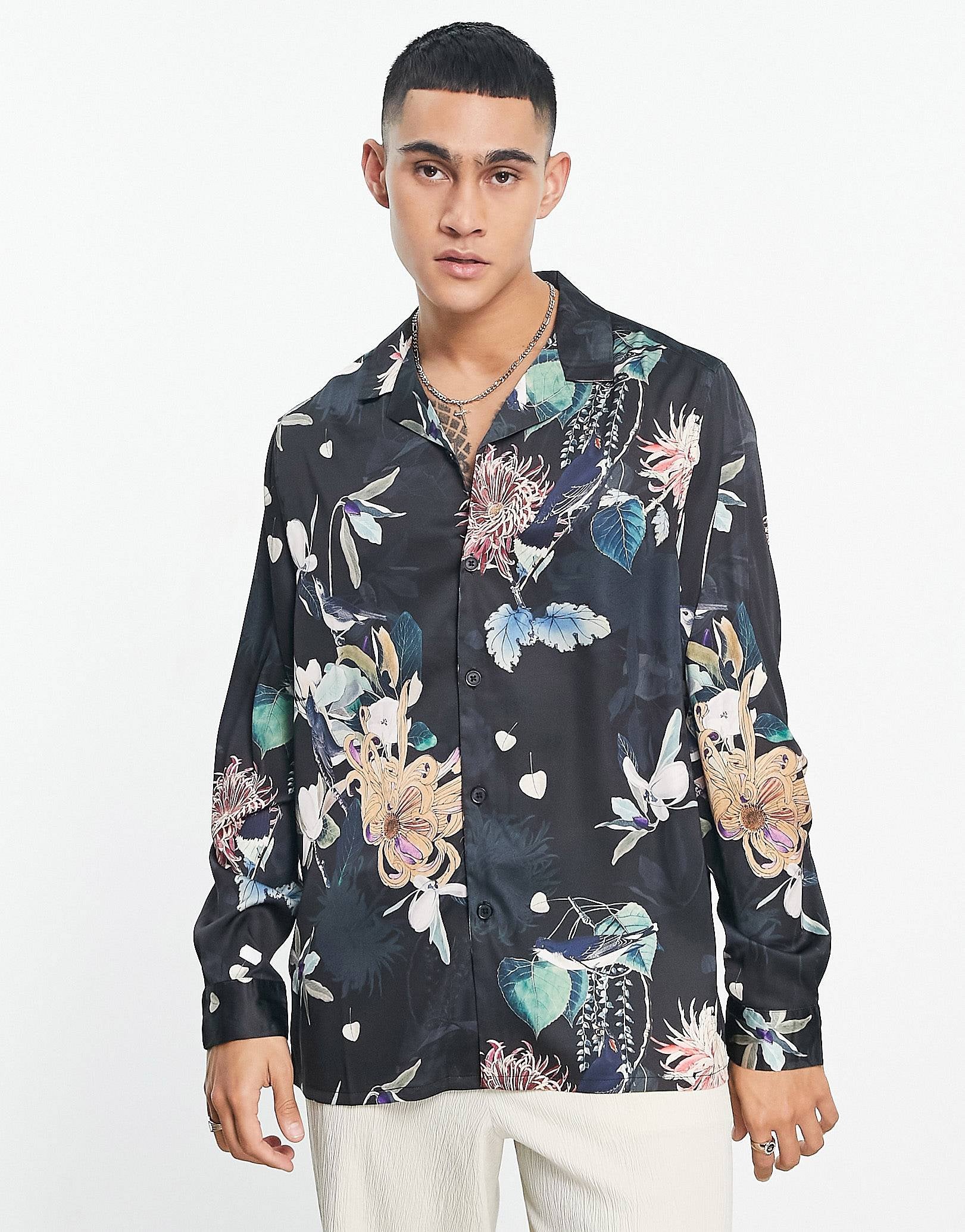 DESIGN relaxed deep revere satin shirt dark floral