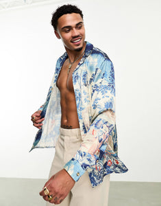 DESIGN relaxed revere satin shirt placement