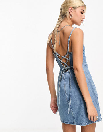 Tommy Jeans tie back strappy mini denim dress  medium wash