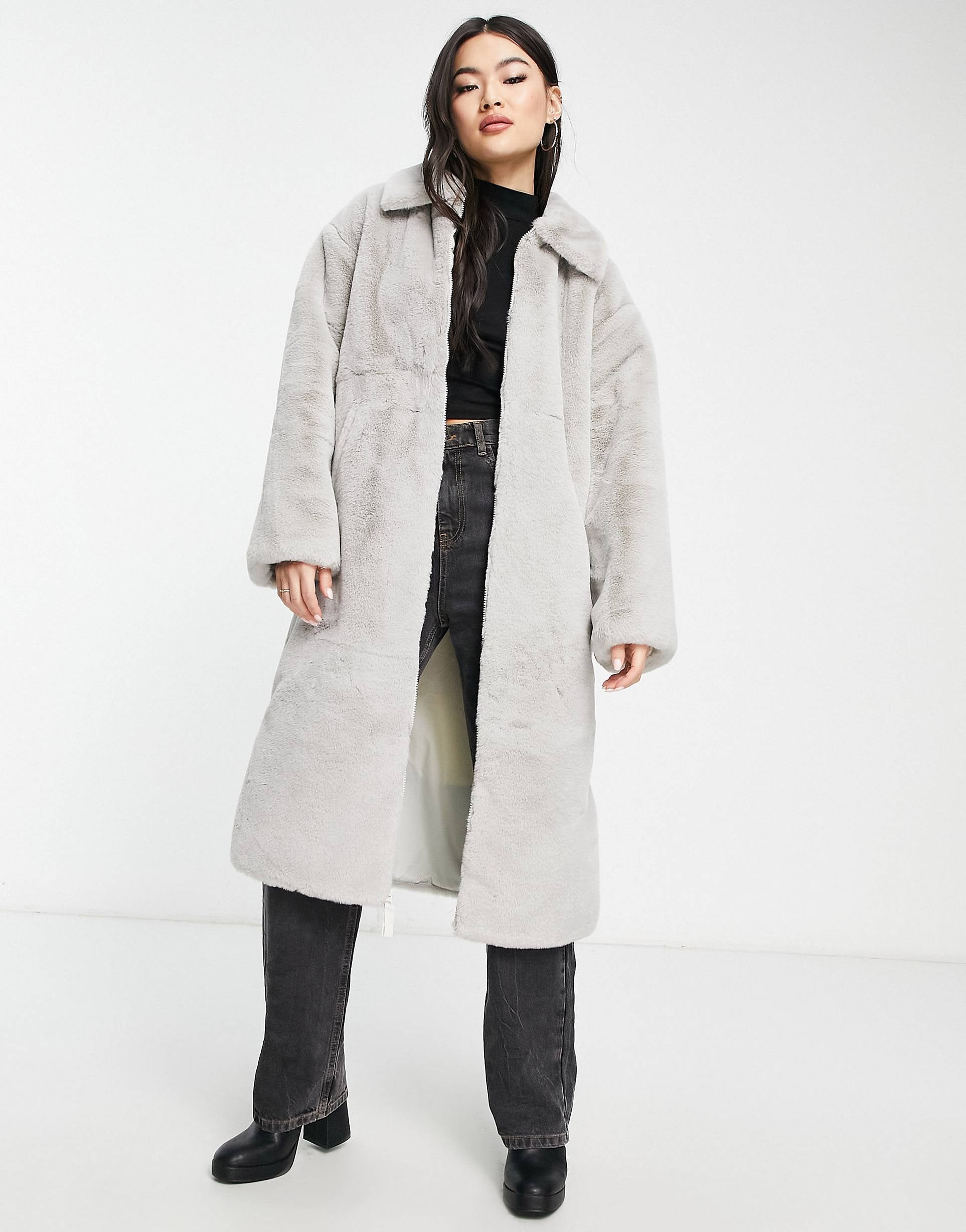 Nike long faux fur swoosh coat grey white