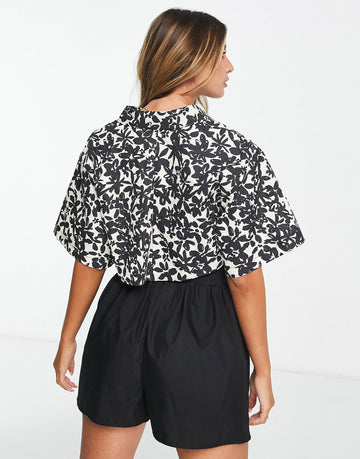Co-ord graphic flower shirt monochrome