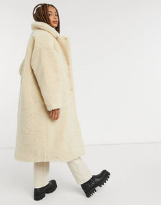 Monki Teddy borg coat in off white